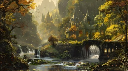 Fototapeta premium Enchanting Fairytale Castle Nestled Amidst the Autumnal Splendor of a Mystical Forest Landscape