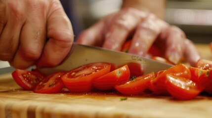 Master the precision of slicing tomatoes with knife skills to reveal the secrets of culinary finesse