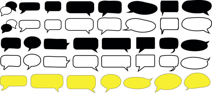 Speech bubbles vector set black white yellow. Ideal for communication, conversation, dialogue, comics, messages, chat, design projects, graphic resources