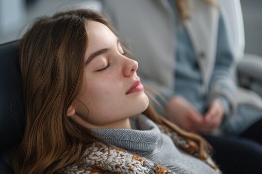 A therapist uses hypnosis to heal a woman's mental issues stemming from a challenging past, as she lies on a sofa and enters a trance-like state.