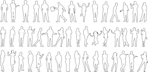 People line art vector, diverse poses, business casual dancing walking group, human figures, men, women black outlines isolated illustration