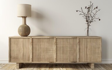 Modern interior design mockup of sideboard with lamp and wooden floor against white wall background, home decor, 3D rendering
