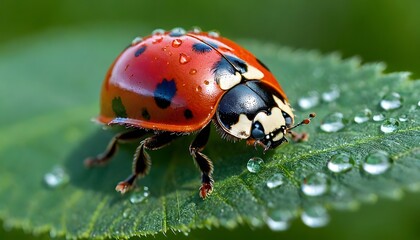 Naklejka premium Lady bug sitting on a green leaf.