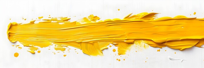 A single stroke of thick yellow paint isolated on white background, emphasizing the texture and color depth of the brushstroke 
