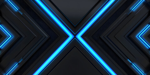 Obraz premium Abstract symmetric black background with blue glowing neon lines, featuring futuristic geometric shapes and fluid stripes, perfect for technology-inspired designs or high-tech digital art.
