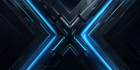 Obraz premium Abstract symmetric black background with blue glowing neon lines, featuring futuristic geometric shapes and fluid stripes, perfect for technology-inspired designs or high-tech digital art.