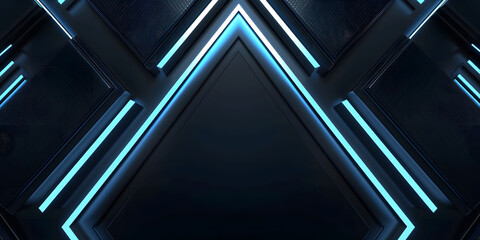 Obraz premium Abstract symmetric black background with blue glowing neon lines, featuring futuristic geometric shapes and fluid stripes, perfect for technology-inspired designs or high-tech digital art.