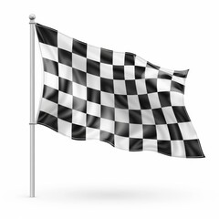 Checkered Racing Flag Waving on a Pole Against a White Background