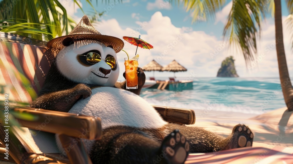 Wall mural A cute panda in sunglasses and with a tropical cocktail is relaxing on a sun lounger on the beach. The concept of a vacation at sea.