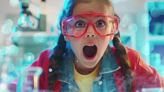 kids science testing in laboratory with surprising face seamless looping overlay 4k virtual video animation background