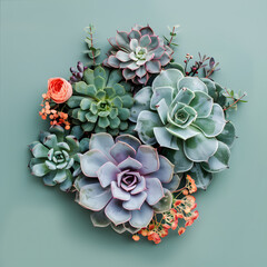 Succulent plants with different color and shape isolated on mint green copy space