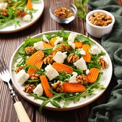 Arugula and Roasted Carrot Salad with Vegan Goat Cheese and Candied Walnut