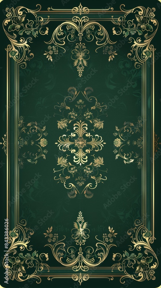 Poster elegant playing card back design with intricate golden patterns on a dark green background