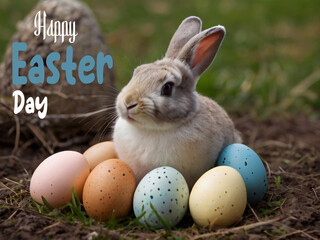 Happy Easter. Congratulatory Easter background. Easter eggs and flowers.