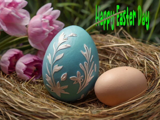 Happy Easter. Congratulatory Easter background. Easter eggs and flowers.