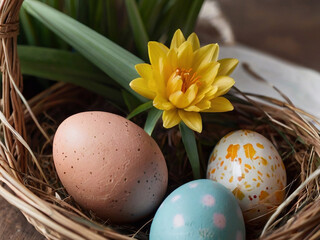 Happy Easter. Congratulatory Easter background. Easter eggs and flowers.