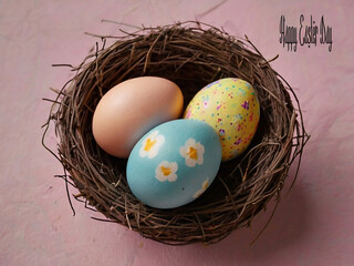 Happy Easter. Congratulatory Easter background. Easter eggs and flowers.