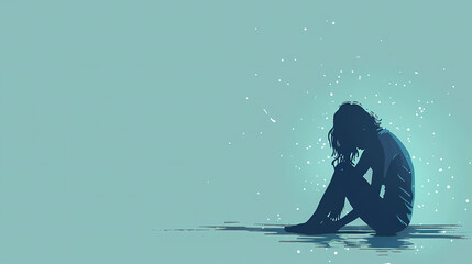 Silhouette of a person sitting alone on the ground against a blue background, evoking a sense of solitude and introspection.