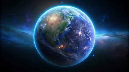 Obraz premium A blue and green planet in space with a bright star in the background