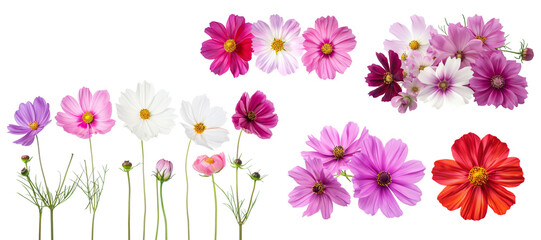 Set of Cosmos flowers that blooming in spring season with various of bright color isolated on background, beautiful natural floral.