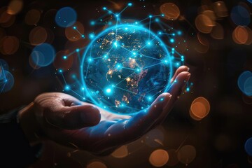 Futuristic digital globe network held by a hand, representing global connectivity, technology, and innovation against a bokeh background.