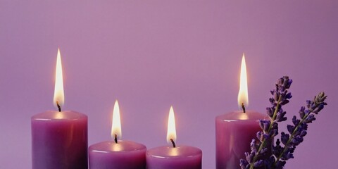 Lavender Flowers and Purple Candles Flat Lay on Minimalist Background