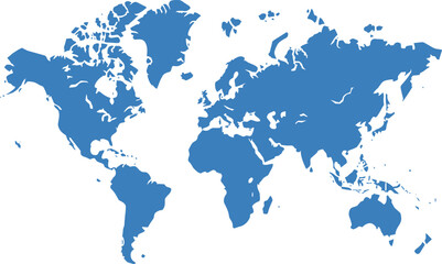 Blue world map silhouette on white background.