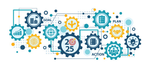 2025 new year goal plan action with target icons, Business plan, financial plan and strategies. Annual plan and development for achieving goal, achievement and success in 2024. Vector illustrator set. © Deemerwha