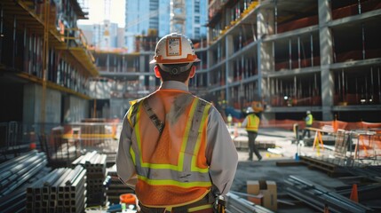 A construction worker wearing a safety vest, working on a construction site