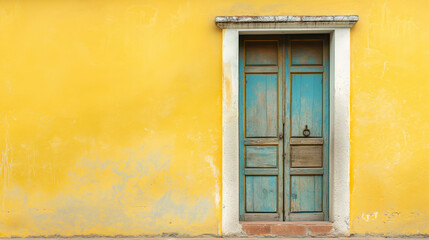 Fototapeta premium The vintage door of the house and the blue door, yellow wall, photography background