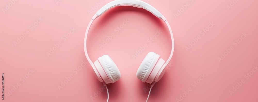 Wall mural overhead view of white headphones on a soft pink background