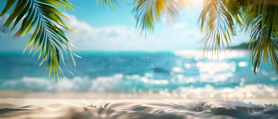 Obraz premium Beautiful summer background with blurred sandy beach and blue sea, banner for product display presentation. Minimal concept. Shallow depth of field.