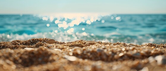 Beautiful summer background with blurred sandy beach and blue sea, banner for product display presentation. Minimal concept. Shallow depth of field.