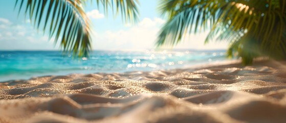 Beautiful summer background with blurred sandy beach and blue sea, banner for product display presentation. Minimal concept. Shallow depth of field.