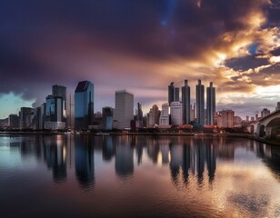 Fototapeta premium night, city, water, river, skyline, reflection, lights, cityscape, bridge, building, architecture, sky, sea, dusk, panorama