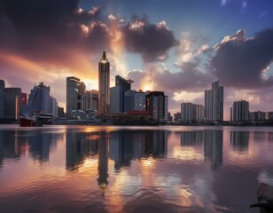Obraz premium city, night, skyline, cityscape, traffic, downtown, building, urban, light, highway, road, street, sunset, business, architecture, dusk, sky, view, car, skyscraper, china, lights, evening, seattle, sk