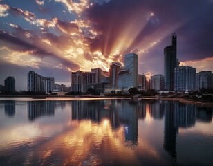 Fototapeta premium night, city, water, river, skyline, reflection, lights, cityscape, bridge, building, architecture, sky, sea, dusk, panorama