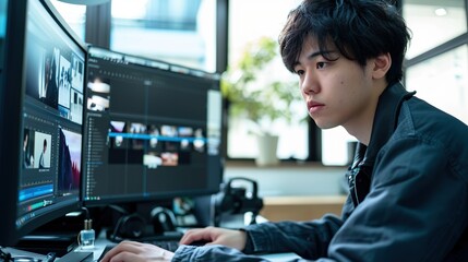 動画編集をするアジア人男性08