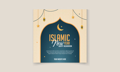 Happy Islamic New Year Post banner template with Islamic lantern and star for social media post