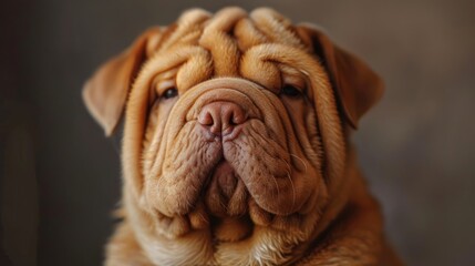 Obraz premium A close-up portrait of a brown, wrinkled dog with a serious expression, looking directly at the camera.