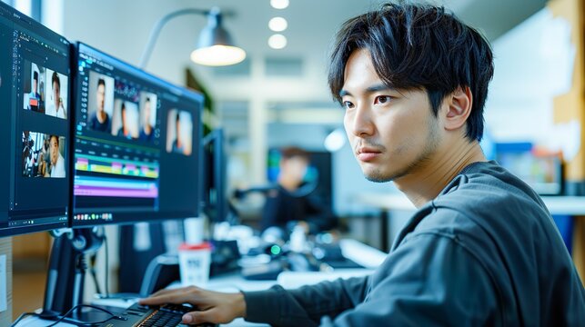 動画編集をするアジア人男性05