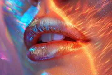 Vibrant Neon Shimmer on Glossy Lips with Fantasy Light Effects