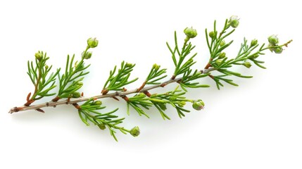 Isolated Thuja branch with buds on a white background