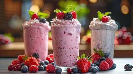 Fresh Mixed Berry Smoothies with Mint Garnish in a Cafe Setting