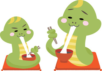 お雑煮、善哉を食べる神妙な顔のヘビ