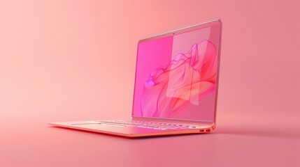 Pink laptop computer on a pink background.