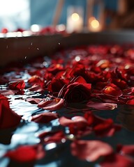 Red rose petals floating in bath water, creating serene reflections