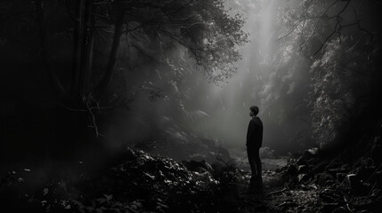 Obraz premium A black-and-white photo captures a person standing in the middle of a dense, suffocating forest under somber lighting, evoking feelings of sadness and depression.