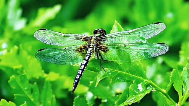 a dragonfly on green leaves wet after rain