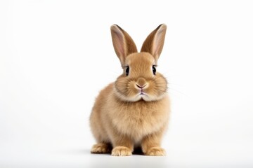 Fototapeta premium Adorable brown rabbit sitting against a white background, showcasing its cute and fluffy appearance, perfect for a pet or animal stock photo.
